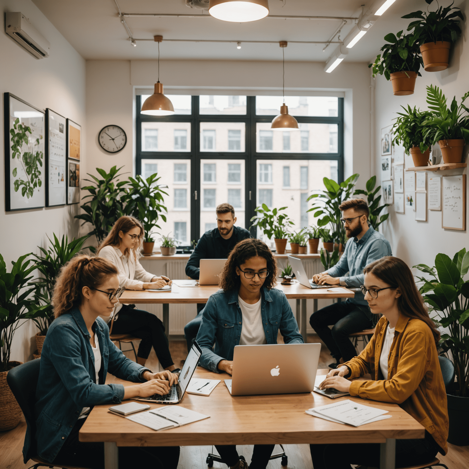 Equipo de rosohii.com trabajando en la oficina. Se ve un grupo diverso de personas sentadas alrededor de una mesa, colaborando en computadoras portátiles. La oficina tiene un ambiente acogedor con plantas y carteles motivacionales en las paredes.