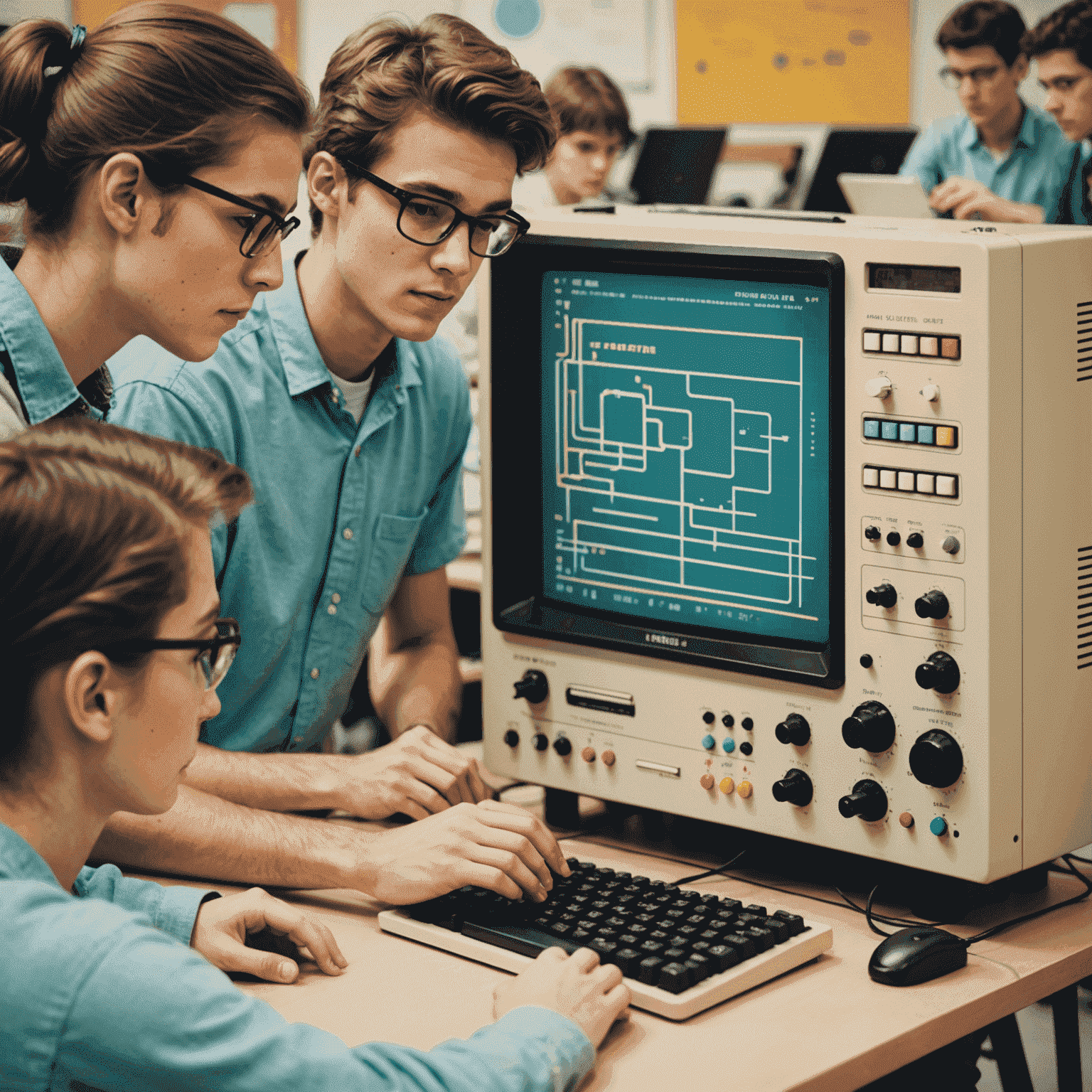 Estudiantes interactuando con una interfaz de programación retro, con gráficos pixelados y colores pastel