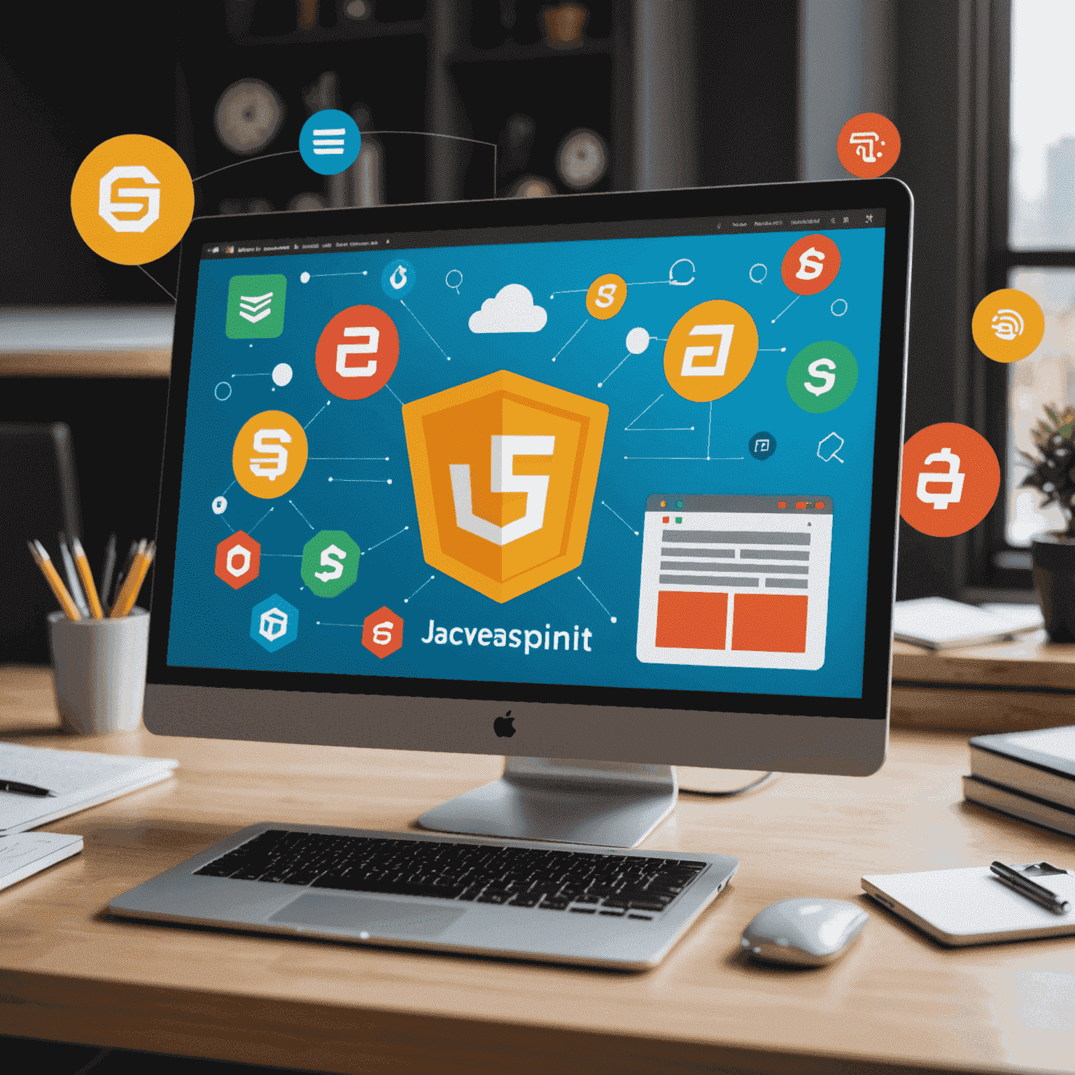 Una imagen que muestra iconos de HTML, CSS y JavaScript flotando sobre una pantalla de computadora, simbolizando los fundamentos del desarrollo web