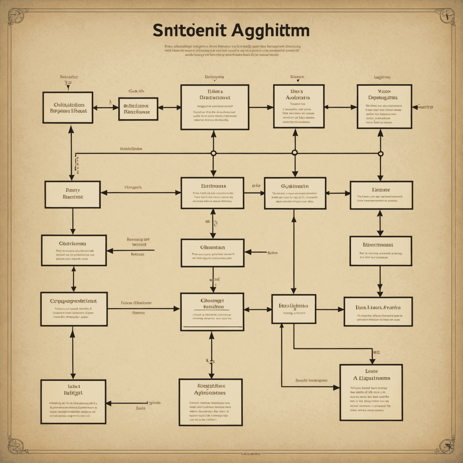 Representación visual de un algoritmo simple como un diagrama de flujo en estilo retro